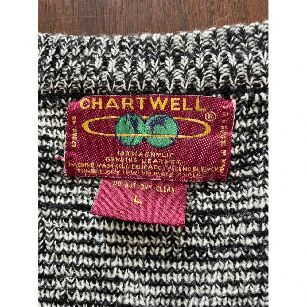 Vintage Chartwell Mens‎ Large Black White Chevron Knit Cardigan Leather Trim L